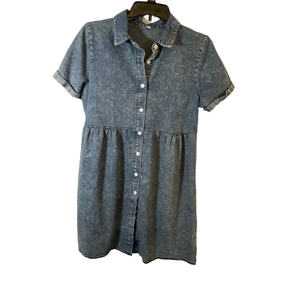 Y2K‎ Jean Collared Denim Dress Large, School Girl Style, Short Sleeve, Button-Up